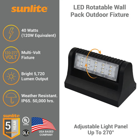 Dope Rotatable Outdoor LED Wall Pack Light 40W 5720 Lumens 5000K Daylight 120 To 277 Volts IP65 Weather Resistant Black