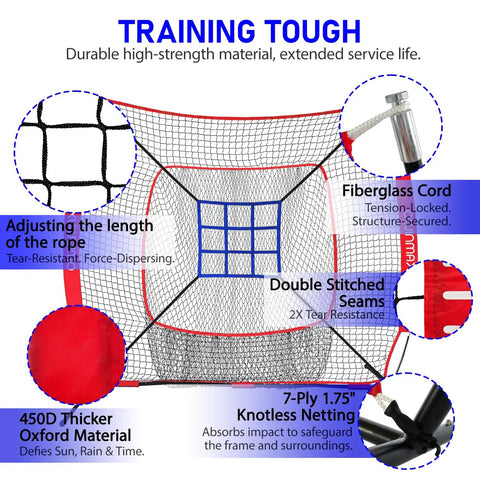 7x7 Ft Baseball And Softball Practice Net With Detachable Bow Frame showcasing durable materials and double-stitched seams.