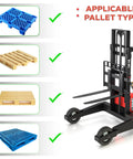 Heavy Duty Electric Pallet Stacker And Badass Off Road Workhorse That Flexes Hard Material Moves On Any Job Site And Cruises Over Uneven Ground Like A Real Champ with blue, wooden, and plastic pallets