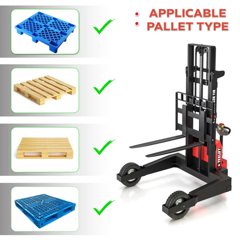 Heavy Duty Electric Pallet Stacker And Badass Off Road Workhorse That Flexes Hard Material Moves On Any Job Site And Cruises Over Uneven Ground Like A Real Champ with blue, wooden, and plastic pallets