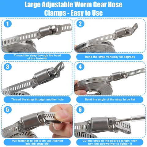Step-by-step guide for using Heavy Duty 304 Stainless Steel Hose Clamp Kit With 32.8ft Adjustable Metal Strap and 30 Fasteners