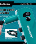 Heavy Duty Rivet Gun Kit With Ergonomic Grip And Safety Lock showing tool-free adjustable nozzle