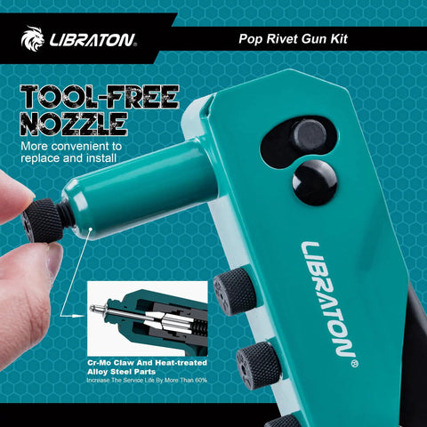 Heavy Duty Rivet Gun Kit With Ergonomic Grip And Safety Lock showing tool-free adjustable nozzle