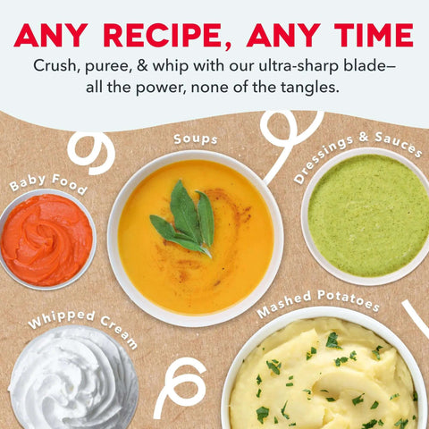 No Cord Hassle Cordless Immersion Blender Featuring Drop Proof Stainless Steel Blades And Spacious 24 Oz Mixing Cup for blending soups, baby food, and sauces.