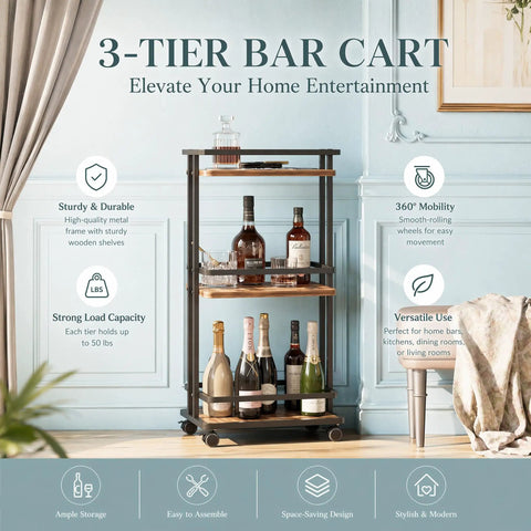 Kicking Your Hosting Game Up A Notch Requires This Rolling Three Tier Bar Cart Featuring Smooth Casters And Smart Storage Shelves For Effortless Drinks Service Across Any Kitchen Or Living Area Making Organization A Breeze And Entertaining Totally.