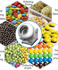 Knockout Tabletop Candy Coater With Silky Sugar Glazing And Quick Blower System For Sweet Small Batch Sweets, compact machine surrounded by coated snacks.