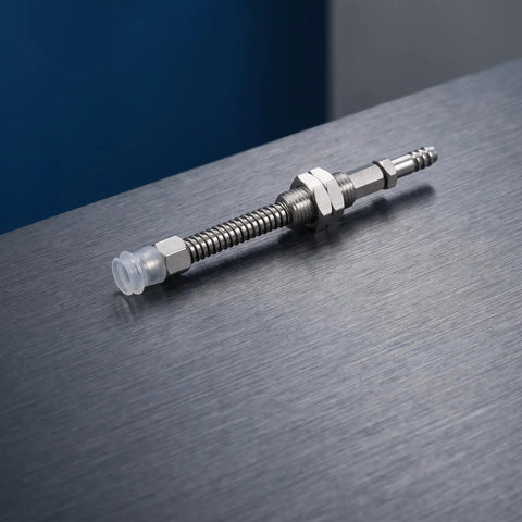 Heavy Duty M9 Threaded Pneumatic Suction Cup Holder With Spring Buffer For Robots on a gray metal surface, showcasing durable construction.