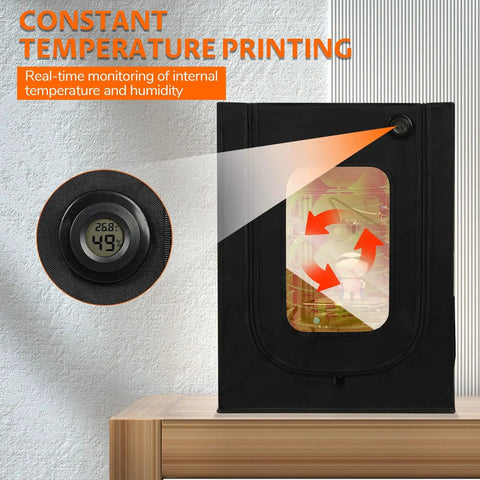 Controlled 3D Printer Enclosure With Built In Ventilation And LED Lighting showing temperature display and airflow