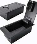Open and closed views of Hidden Floor Safe With Key Lock, Solid Steel Construction, Concealed Underfloor Design, Dual Locking Bolts.
