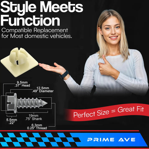 Top Tier Stainless Steel License Plate Screws Bolted Up With Heavy Duty Nylon Inserts Guarantee A Hella Secure Mount For Any Ridin US Cars Trucks Or Suvs, showing dimensions and features.