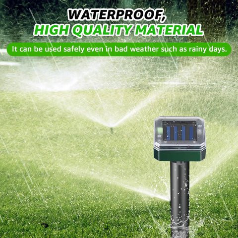 Solar Powered Ultrasonic Mole And Pest Deterrent For Outdoor Gardens in operation with waterproof feature under sprinklers