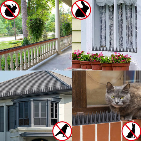 Durable Bird Spikes 20 Pack For Outdoor Fences And Roofs, 18.7 Feet Coverage on railing, windowsill, roof edge, and brick wall.