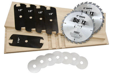 Carbide Stacking Dado Blade Set for 8 Inch Saws, 14 Pieces With Outer Blades, Five Two-Wing Chippers, Seven Shim Pack