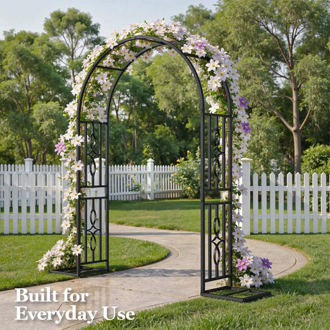 Heavy Duty Metal Garden Arch With Enlarged Base For Stability Garden Trellis For Climbing Plants adorned with flowers outdoors