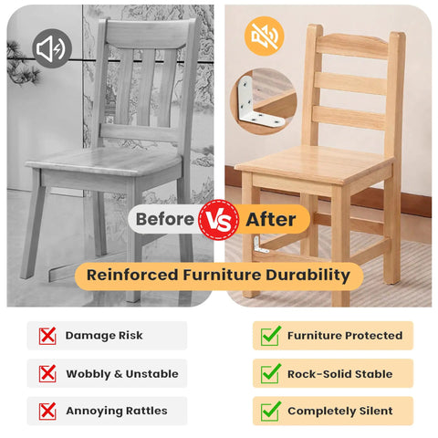 Before vs After image of a chair, showcasing White L Brackets For Wood Furniture 4 Pack Heavy Duty Corner Supports adding stability.