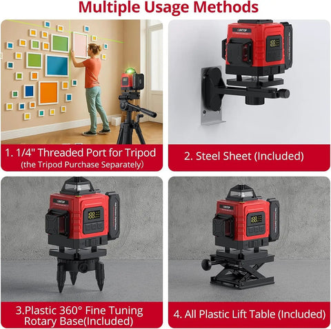 Pro Grade 16 Line 360 Degree Laser Level With Pulse And Manual Modes, Green Cross Line Projector, Self Leveling With Remote, 30 Meters Range, 98 Feet, Construction Grade Class 2 Under 1mW Power, Beast For Quick Room Layouts, wall mount and tripod use