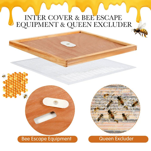 Beekeeping Beehive Parts Kit for 10 Frame Hive with telescoping top cover, oval bee escape, and queen excluder shown.