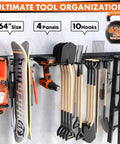 64 Inch Garage Tool Organizer Wall Mount Heavy Duty Storage Rack With 620 Lbs Capacity, Adjustable Hooks Garden Tool Organization System, Anti Rust Metal Shelf For Shovel, Rake, Broom, Snowboard And More, showing tools and snowboard organized on wall rack.