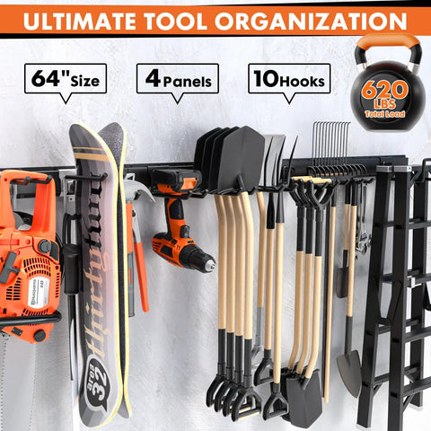 64 Inch Garage Tool Organizer Wall Mount Heavy Duty Storage Rack With 620 Lbs Capacity, Adjustable Hooks Garden Tool Organization System, Anti Rust Metal Shelf For Shovel, Rake, Broom, Snowboard And More, showing tools and snowboard organized on wall rack.