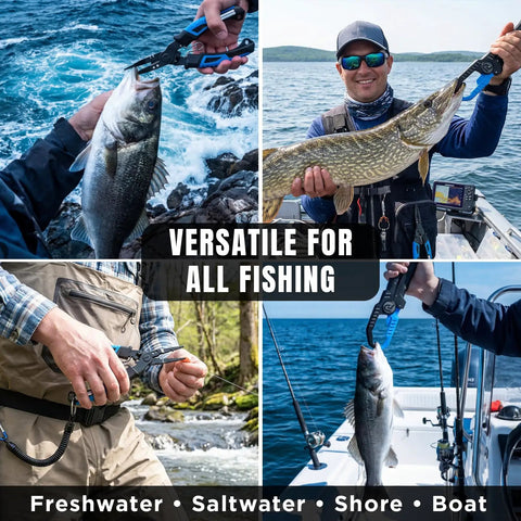 Collage of anglers using the All In One Fishing Gear Kit With Telescopic Rod And Reel Net Tackle Box Rod Holders And Backpack on water.