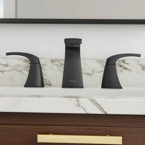 Widespread Bathroom Sink Faucet With Matte Black Finish, 8 Inch Centers, Dual Handle, 3 Hole Deck Mount on marble countertop