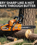 Chainsaw cutting log illustrating 16 Inch Chainsaw Bar And Chain Kit With 3/8 LP Pitch And.043 Gauge 55 Drive Links Fits MS170 MS180C.