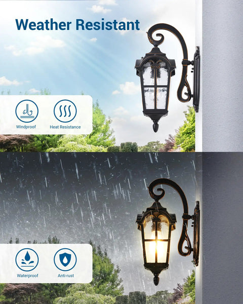 Dusk To Dawn Outdoor Wall Light With Built In Sensor No Fuss Easy Install Auto On Off At Night Waterproof Exterior Lantern Black Roman Style 17.7 Inch Sconce Weather Resistant