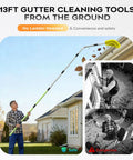 Man using 13 Foot Gutter Cleaning Tool From The Ground With 3 In 1 Gutter Cleaner Replaceable Brush Shovel And Scraper 180 Degree Rotating And Lockable Head Stainless Steel Pole For Leaves And Debris Removal No Ladder Needed