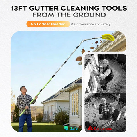 Man using 13 Foot Gutter Cleaning Tool From The Ground With 3 In 1 Gutter Cleaner Replaceable Brush Shovel And Scraper 180 Degree Rotating And Lockable Head Stainless Steel Pole For Leaves And Debris Removal No Ladder Needed