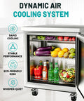 Heavy Duty Twenty Seven Inch Undercounter Worktop Freezer With Sleek Digital Temperature Controller And Rapid Airflow Design featuring fresh produce and beverages in a stainless steel design.