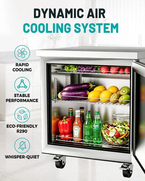 Heavy Duty Twenty Seven Inch Undercounter Worktop Freezer With Sleek Digital Temperature Controller And Rapid Airflow Design featuring fresh produce and beverages in a stainless steel design.