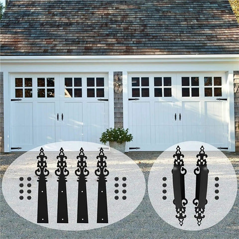 Six Piece Steel Garage Door Hardware Kit, Decorative Hinges And Handles For Wood And Metal Doors, Heavy Duty shown on white doors