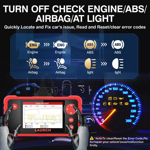 CRP123 V2.0 OBD2 Diagnostic Scanner display showing engine, ABS, airbag codes with dashboard warning lights.