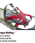 Revo Ascent Backcountry Snowshoes with Paragon Bindings close-up showing olive frame and red binding strap.