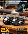 Cordless 4-1/2 Inch Angle Grinder With 21V Brushless Motor Dual 4.0Ah Batteries shown grinding metal pipe with sparks