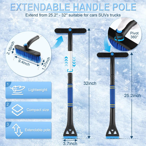 32 Inch Extendable Ice Scraper And Snow Brush For Cars And SUVs With 360 Degree Rotating Brush shown with extendable handle pole