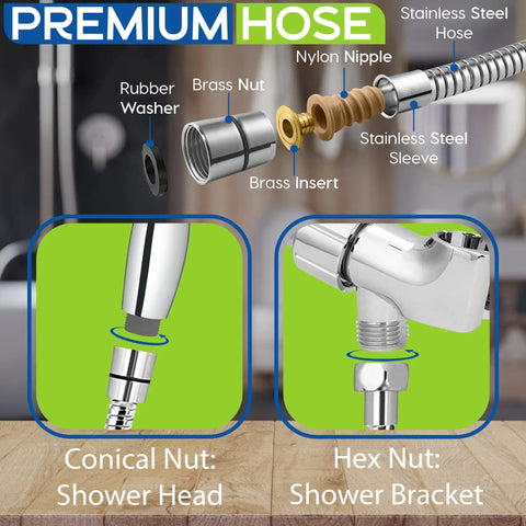 Exploded view of High Pressure Shower Head With Handheld And 70 Inch Stainless Steel Hose components with labels.