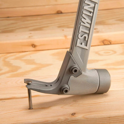 Aluminum Framing Hammer 14 oz with Milled Face, Straight Rip Claw, Shock Reduction Grip, side view on wooden surface