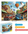 Vintage Main Street Jigsaw Puzzle For Adults With Classic Cars And Hot Air Balloons, Nostalgic Retro Streetscape, 500 Piece