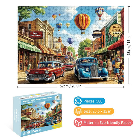 Vintage Main Street Jigsaw Puzzle For Adults With Classic Cars And Hot Air Balloons, Nostalgic Retro Streetscape, 500 Piece