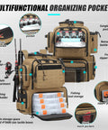 Rugged Tactical Fishing Backpack With Tackle Boxes Rod Holders And Bottle Holder Insulated Cooler Pocket 50 Liter Large 900D Oxford Brown Gear Bag For All Day Fishing Trips Store Gear And Equipment shown with open compartments and tools.