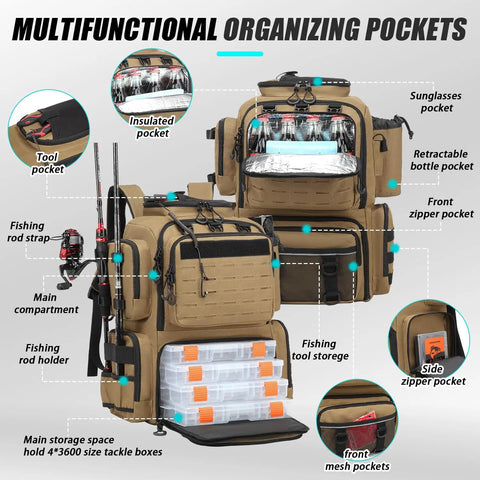 Rugged Tactical Fishing Backpack 50L Gear Bag ✓