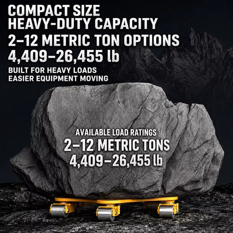 Heavy Duty Machine Skates For Moving Industrial Equipment With Rock Solid 12 Ton Capacity under a large rock showing compact size and load ratings.