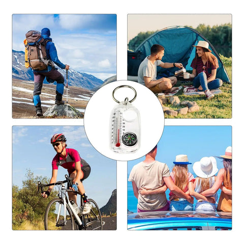 Rugged Portable Compass Keychain for Outdoors with ABS construction, shown on adventures and trails, ideal for hiking and camping