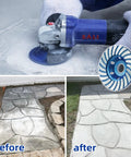 Diamond Concrete Grinding Wheel 4.5 Inch Turbo Cup For Polishing And Cleaning Concrete Stone Cement Marble Granite And Thinset Removal Two Arbor Adapters Included Angled Grinder Segment Wheel 115mm 22.23mm Pro Grade in use on concrete path.