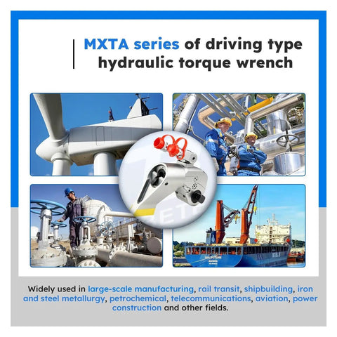 Built Tough Hydraulic Torque Wrench Kit With Square Drive Adapter And Fully Rotating Hose For Secure Bolt Tightening Up To Seventy MPa Pressure, image of wrench kit in industrial settings.