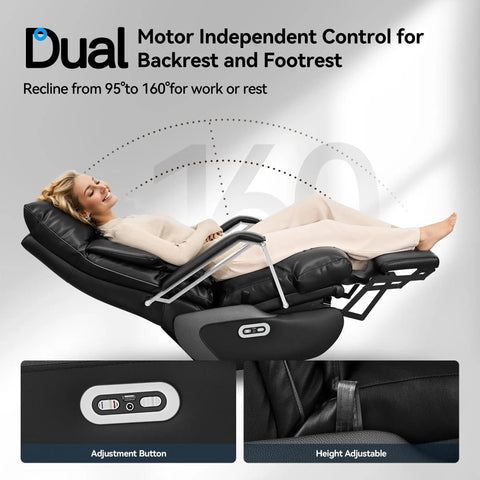 Dual Motor Electric Reclining Office Chair With Heat Massage And Ventilation, shown fully reclined, with control panel.