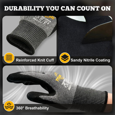 Cut Resistant Work Gloves ANSI A5 With Sandy Nitrile Grip showing reinforced cuff and sandy nitrile coating for durability