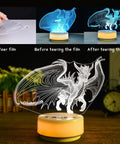 Dragon Night Light For Kids And Adults With 14 Color Options And Remote, showing film removal process and 3D dragon design.