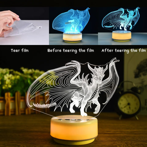 Dragon Night Light For Kids And Adults With 14 Color Options And Remote, showing film removal process and 3D dragon design.